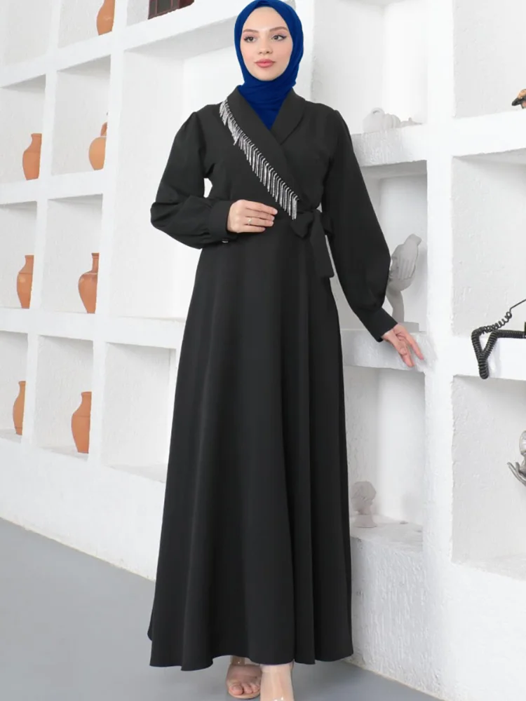 

Autumn Muslim Middle East Women Robe Dress Lantern Sleeve Tunic Tassel Suit Neck Tie High Waist Slim Ankle Trendy Female Dresses