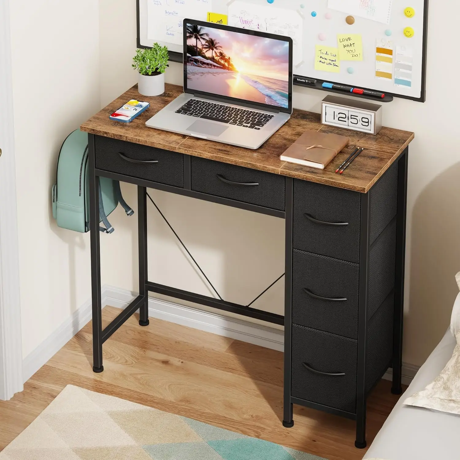 

Small Desk with 5 Fabric Drawers, 33 Inch Writing Desk for Home Office, Simple PC Desks for Small