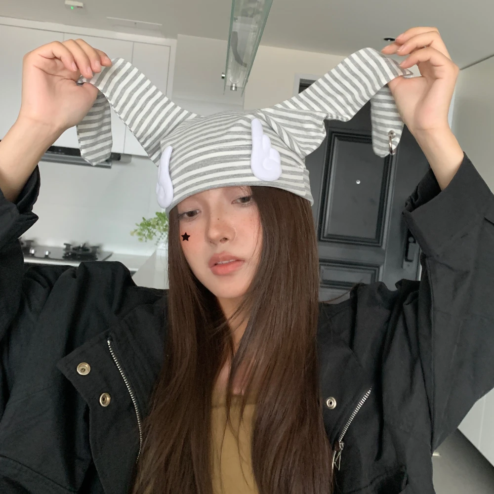 Y2K Cute Subculture Rabbit Ears Hat Millennium Style Sweet Cool Niche Personalised Pullover Hat Funky Striped Winged Wrap Hat