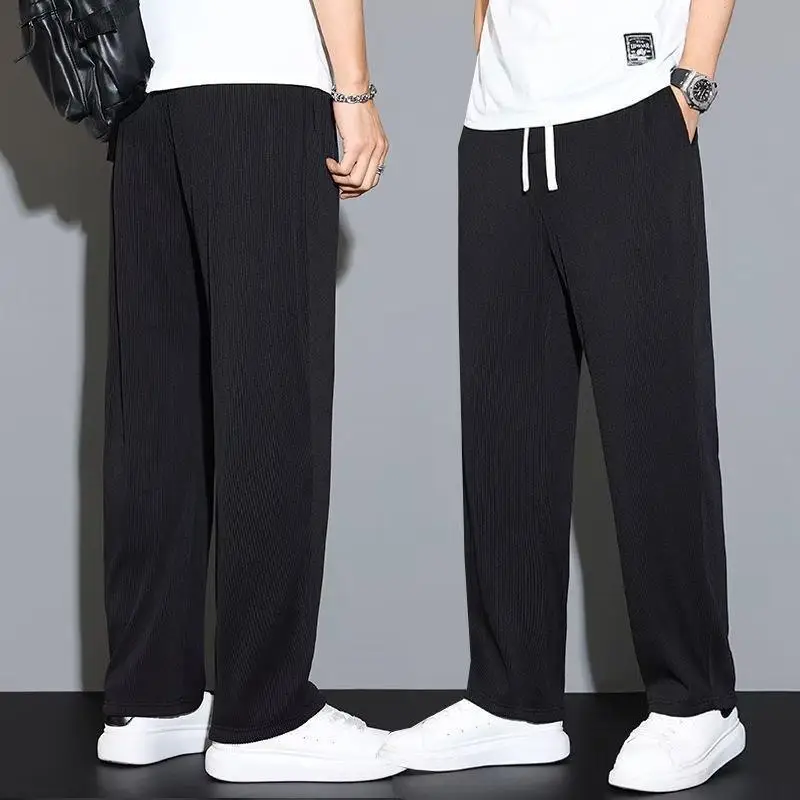 Men Pants Mid-Rise Elastic Waistband Sweatpants Drawstring Pocket Wide Leg Ribbed Ultra-Thin Ice Silk Casual Trousers Streetwear