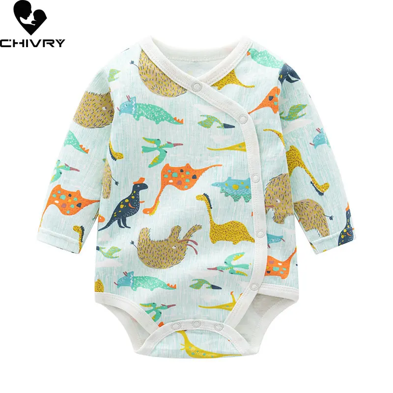 Newborn Cute Dinosaur Print Cotton Bodysuits Rompers Spring Baby Boys Girls Long Sleeve Button Toddler Infant Swaddling Clothes