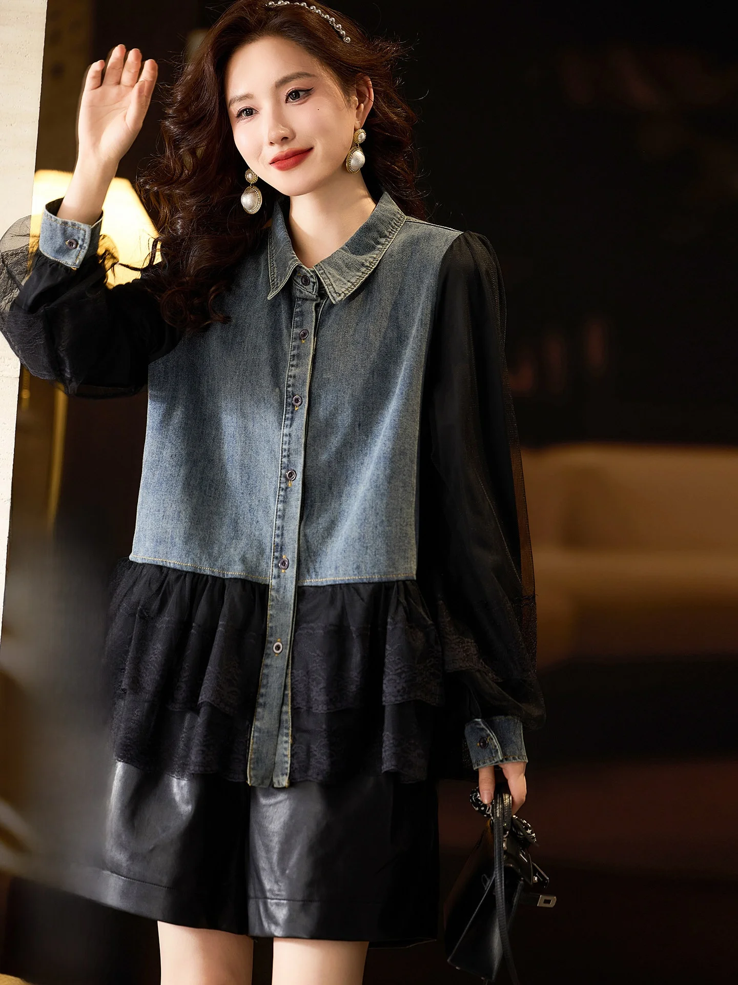 

Модная джинсовая блузка в стиле пэчворк для женщин больших размеров, с длинным рукавом, дышащая, комфортная, в уличном стиле, весна 2026