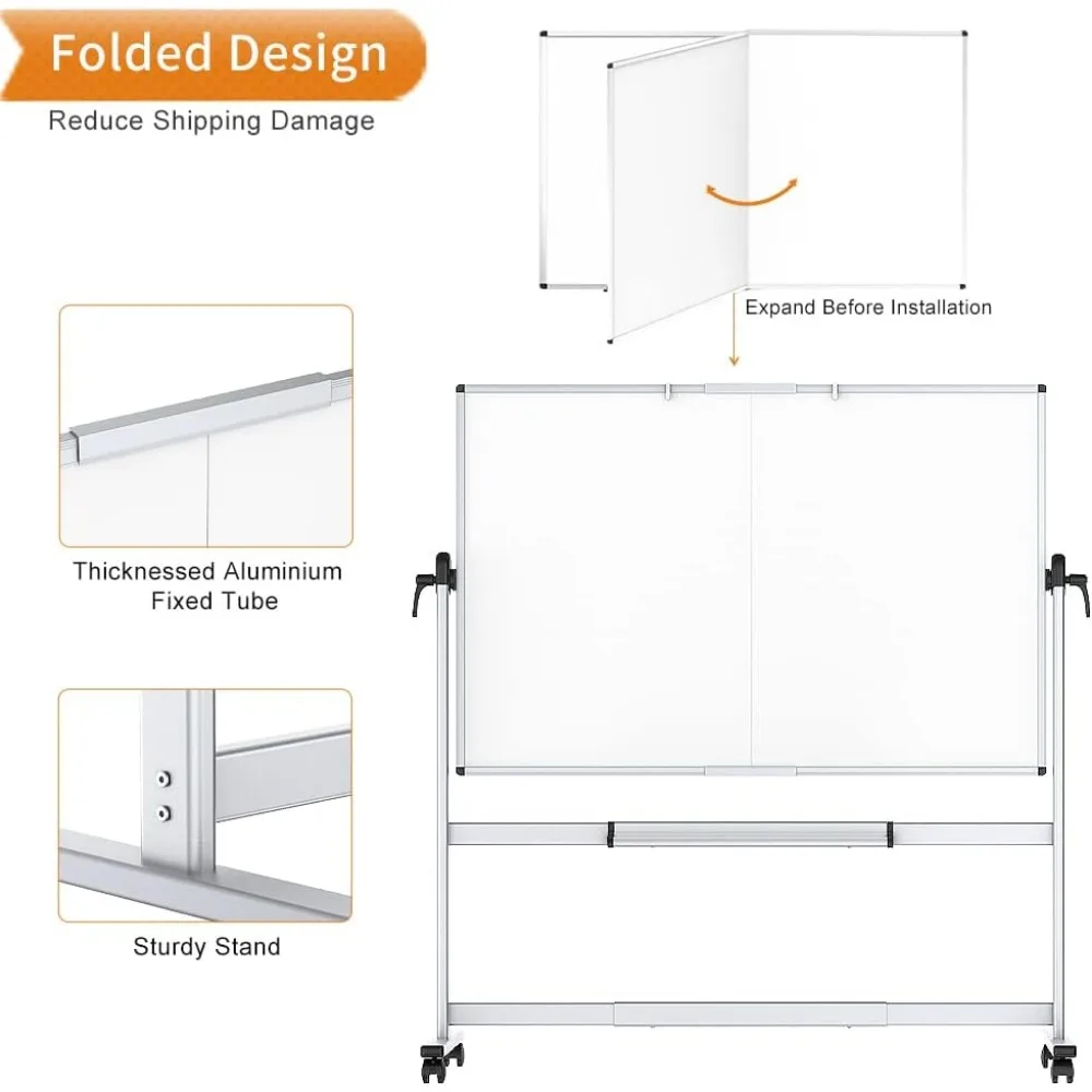Quadro branco móvel dupla face, quadro branco de laminação seca nas rodas, quadro e suporte de alumínio, 72x48 polegadas