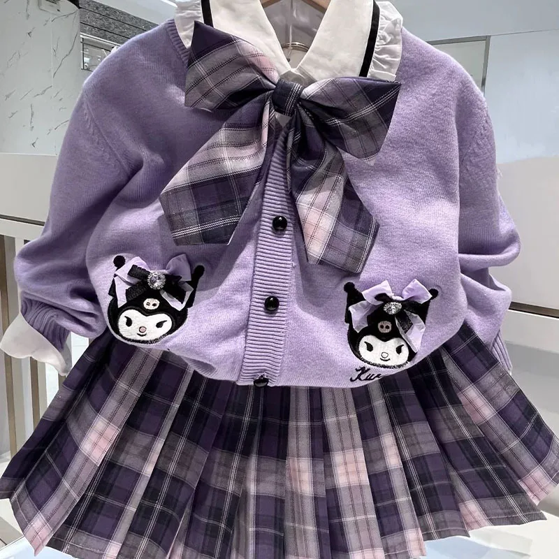 سانريو كورومي الكرتون الفتيات Jk دعوى الربيع لطيف المألوف نمط Preppy ثلاث قطع دعوى سترة محبوك سترة مطوي تنورة جديد