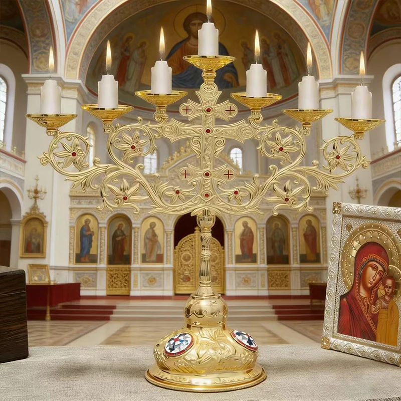 Neuer 2026 Eleganter Vergoldeter Orthodoxer Siebenarmiger Kerzenleuchter mit Roten Akzenten für Gottesdienste und Heimische Andachtsräume – Detail 6