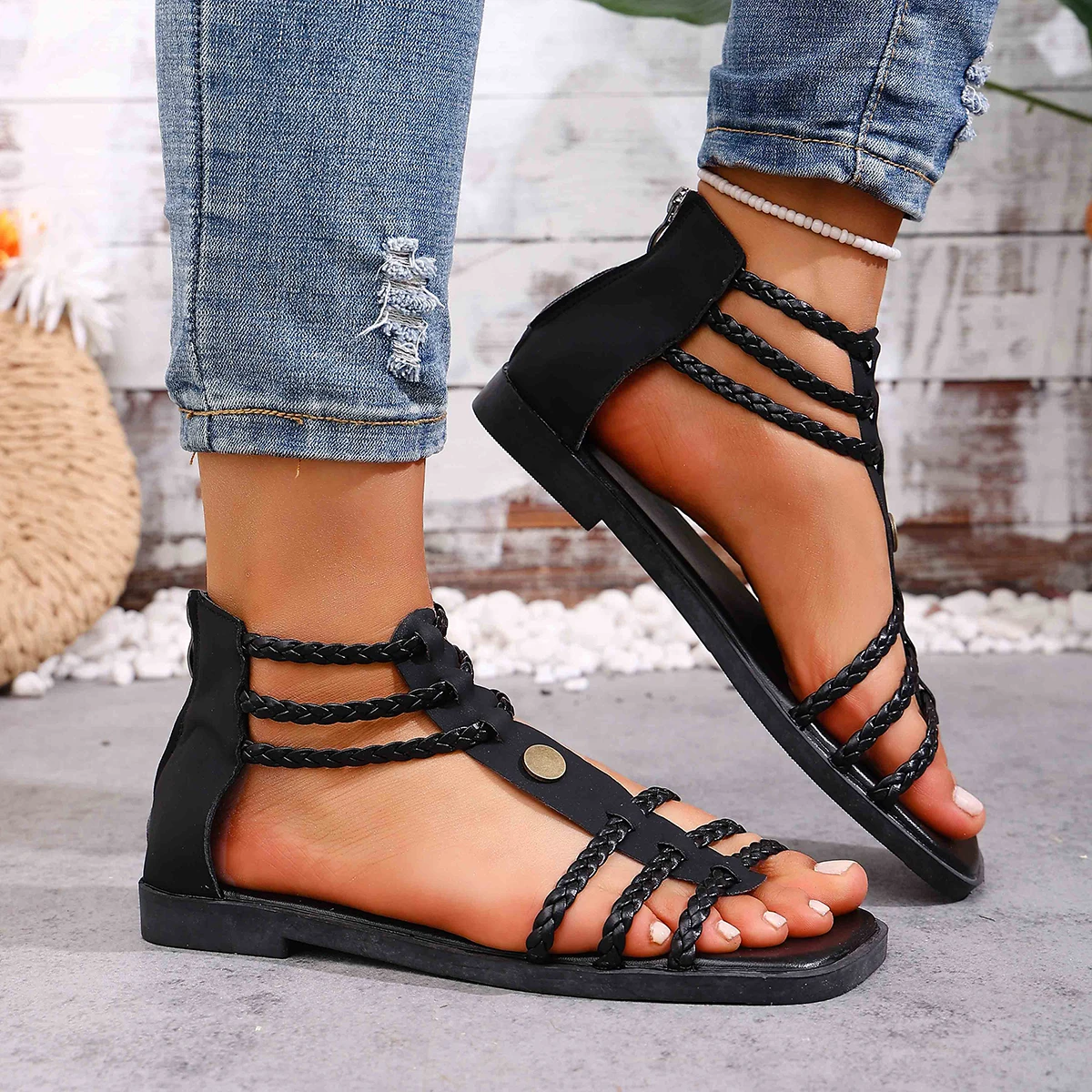 Fashion Weaving Roman Sandals for Women 2024 Summer New T-Strap Flat Sandles Woman Plus Size Comfort Non Slip Beach Shoes Ladies