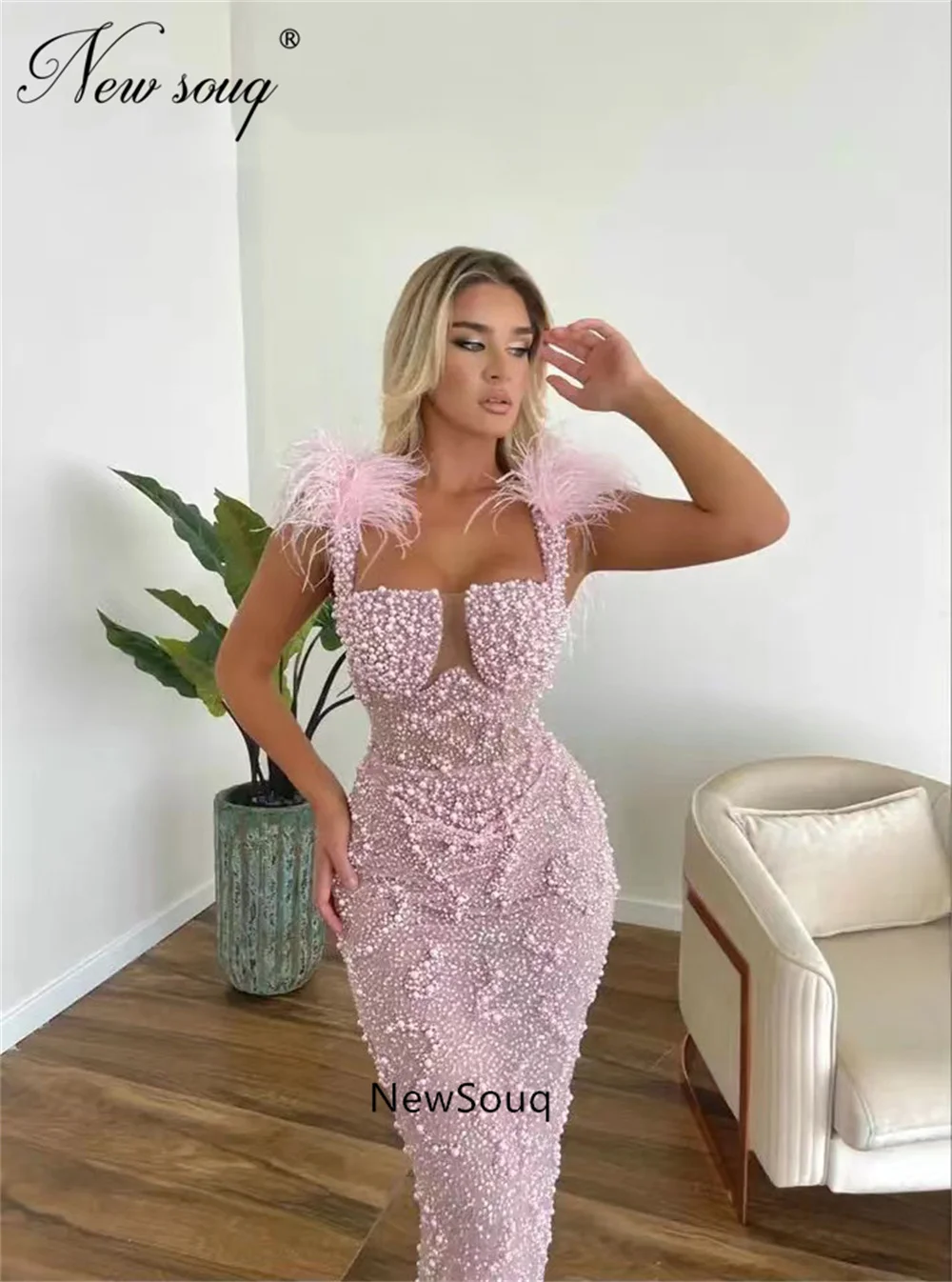 Nieuwste Dubai Mermaid Roze Parels Avondjurken Arabisch Dubai Kralen Lange Celebrity Jurk Spaghetti Strap Party Jurken Voor Bruiloft