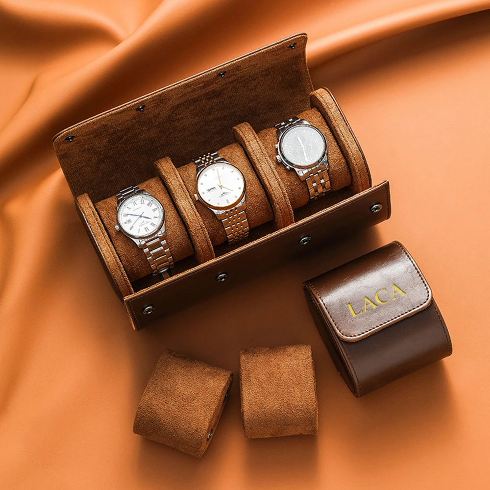 Customized name pu leather three-piece watch storage box, travel convenience watch box, niche watch packaging box
