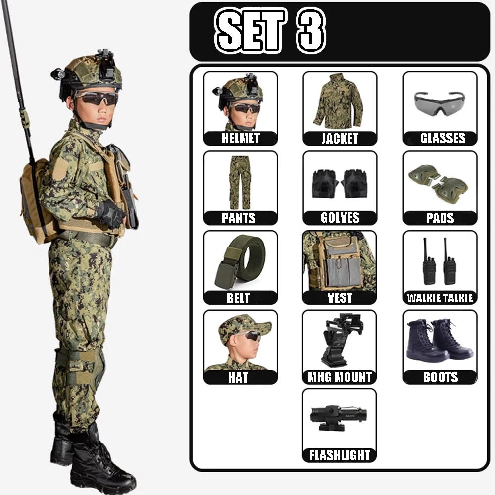 Kids Military Training Uniform Children Camouflage Top Pants Suit Tactical Gear Boys Girls Jungle Special Forces Combat Costume