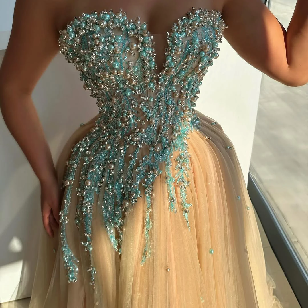 

Beaded Embroidered Dress Spliced ​​Champagne Tulle Dress Elegant Ball Gown Strapless Long Dress Wedding Party Dress Customizab