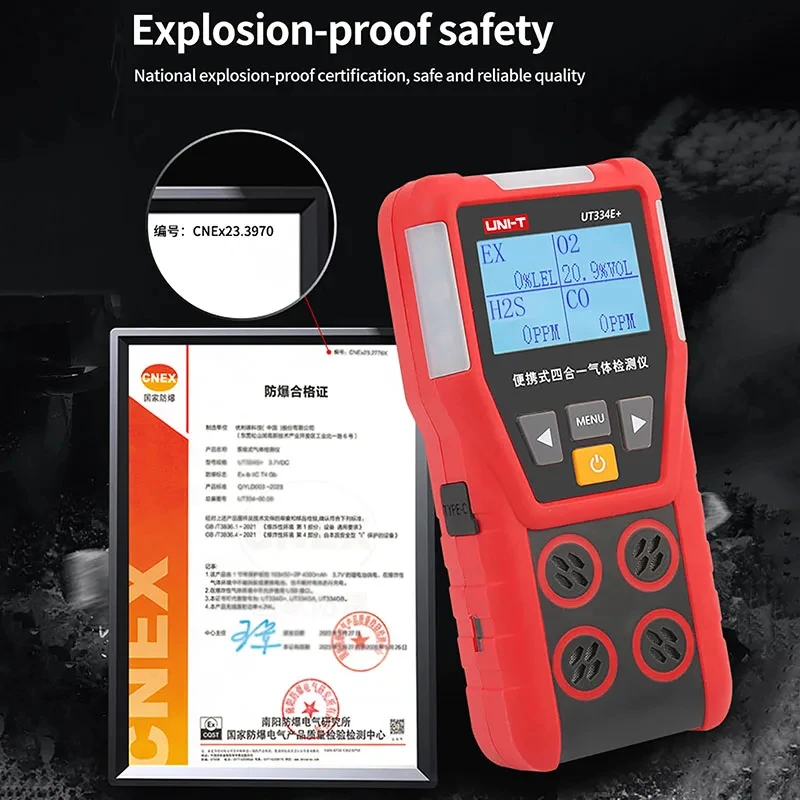 UNI-T 4 in 1 Gas Detector UT334E+ O2 CO H2S Combustible Gases Monitor Leakage Detector Air Quality Tester