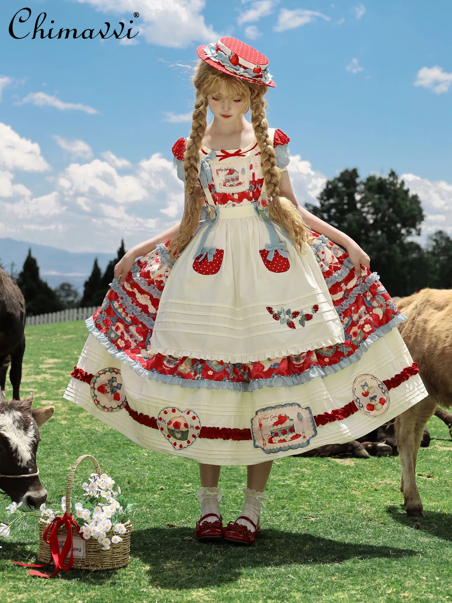 Abiti Lolita pastorali alla fragola 2025 Estate nuove ragazze dolci donne carino stampa Op principessa elegante abito lungo e grembiule