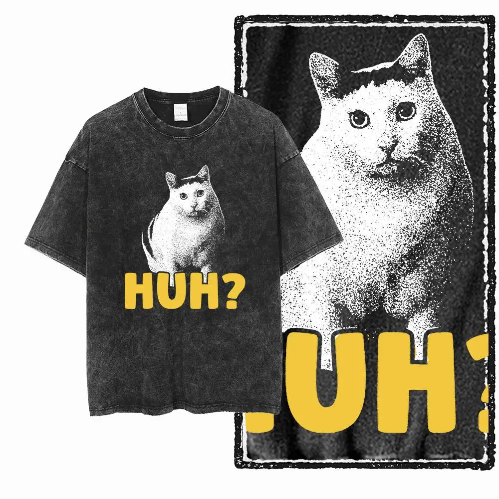 Washed Distressed Cotton Men Huh Cat Print T-Shirt Big Size Unique Men 