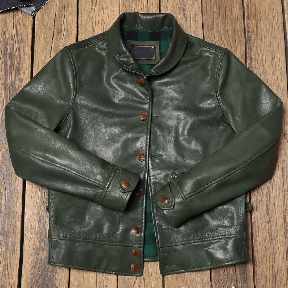 Real Goat Leather Man\'s Jacket Japanese Style Summer Slim Fit Short Coat Men\'s Genuine Leather Jackets Bomber Overcoat In Green