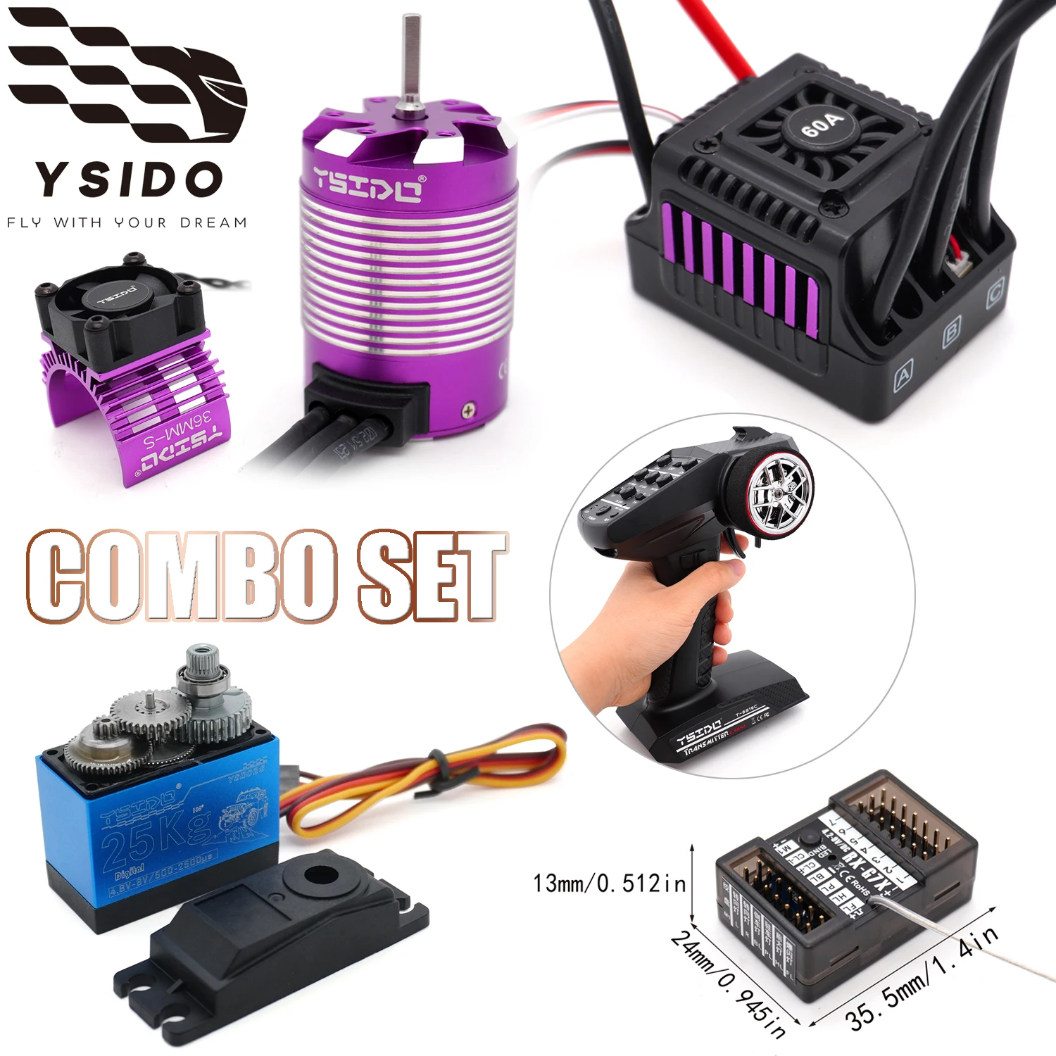 

YSIDO RC Car Upgrade Combo 3650 Motor & 60A ESC & 25KG Digital Servo & 3010 Cooling Fan & T-6819C 7CH TX for 1/10 1/12 Traxxas