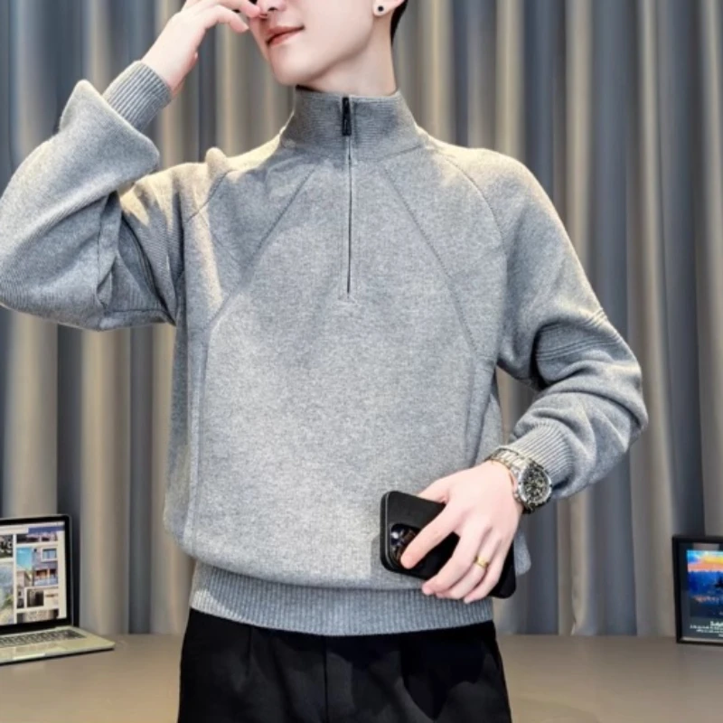 

Autumn Winter Half Zipper Knitted Sweater for Men Long Sleeve Half High Neck Casual Business Sweater Fashion Knitwear Pullover