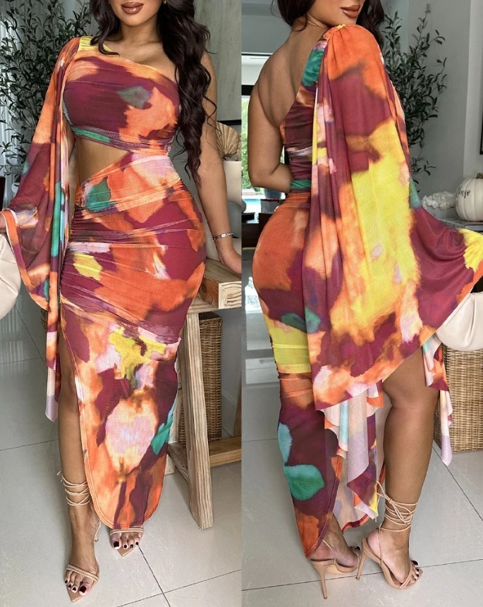 

Women's Dress Fashion New Style Tie Dye Print One Shoulder Bell Sleeve Bodycon Dress Casual Slim Fit Slit Maxi Dress