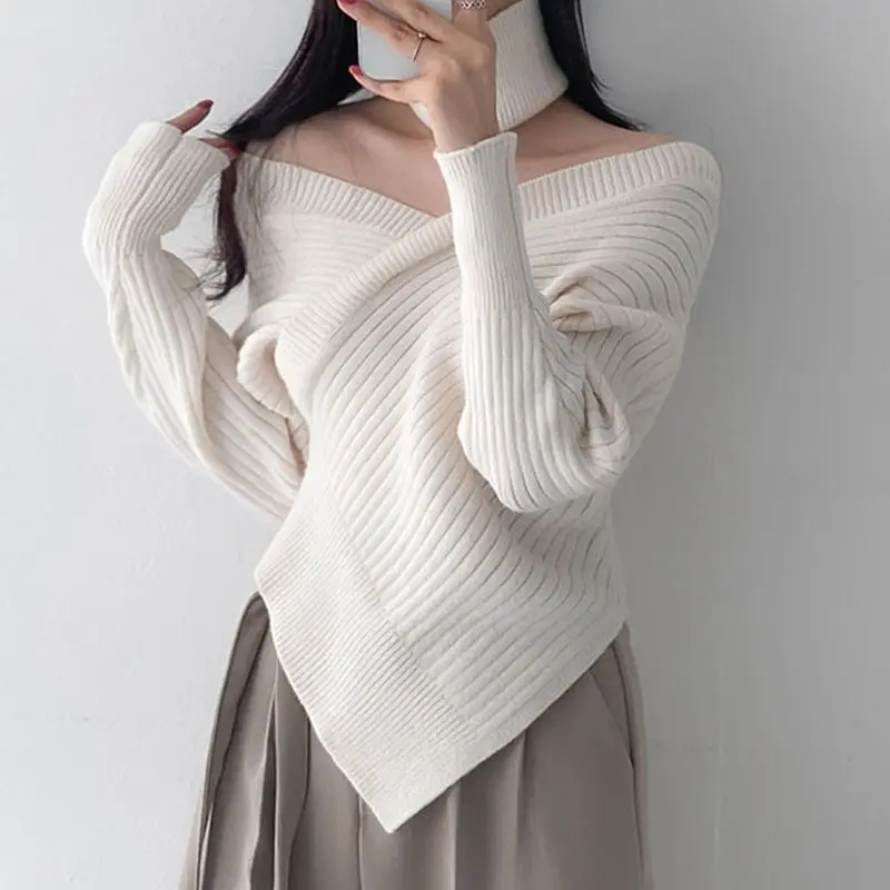 

Knitted Sweater Irregular V-Neck Off Shoulder Autumn Solid Criss-Cross Women Long Sleeve Sexy Elegant Party Pullover Tops Female