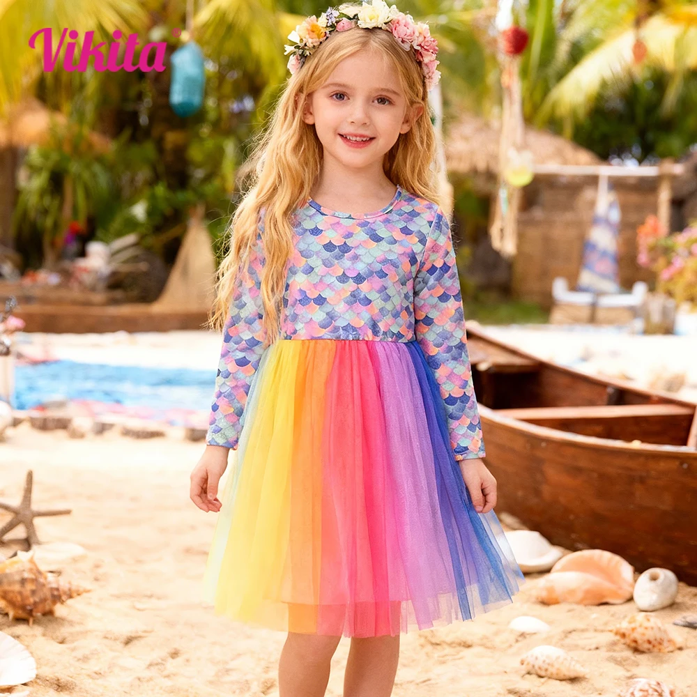 Mädchen-Kleid mit langen Ärmeln, bunt, Regenbogen-Farbverlauf, Meerjungfrauenschuppen-Druck, für Kinder, Frühling und Herbst, Polyester-Tüll, lässiges Strandkleid