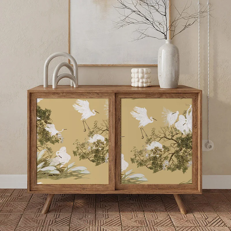 Retro Yellow Peel and Stick Wallpaper Crane Wall Mural Self Adhesive White Bird Contact Paper for Accent Wall Decor Bedroom