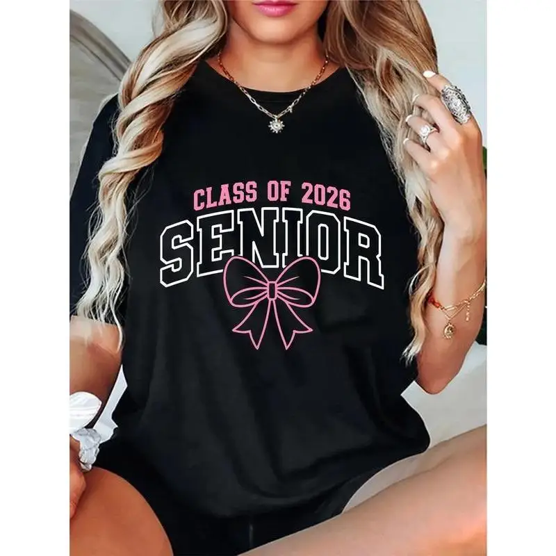 

Class of 2026 Senior T-shirt Women's Men's Cute Pink Bow Graphic Tee Graduation Gift for High School College Top