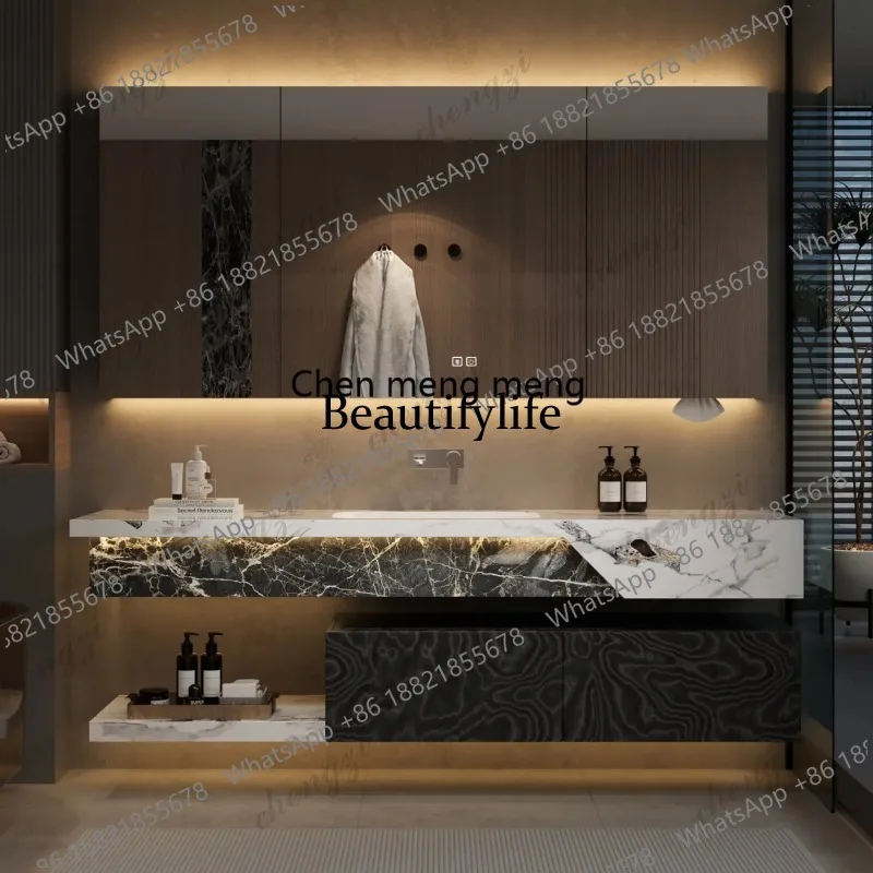 03 Italian Hotel Style Bathroom Vanity Set with Intelligent Mirror Cabinet Using Tubao Board for Storage