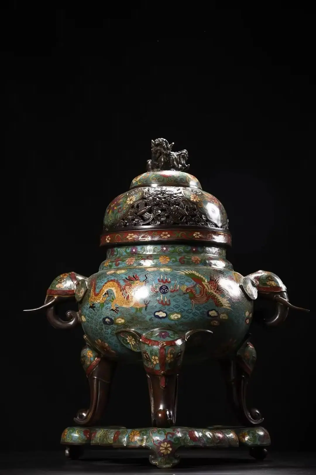 

20"Tibetan Temple Collection Old Bronze Cloisonne Enamel Dragon Phoenix Texture Elephant Head Ear Incense Burner Amass wealth