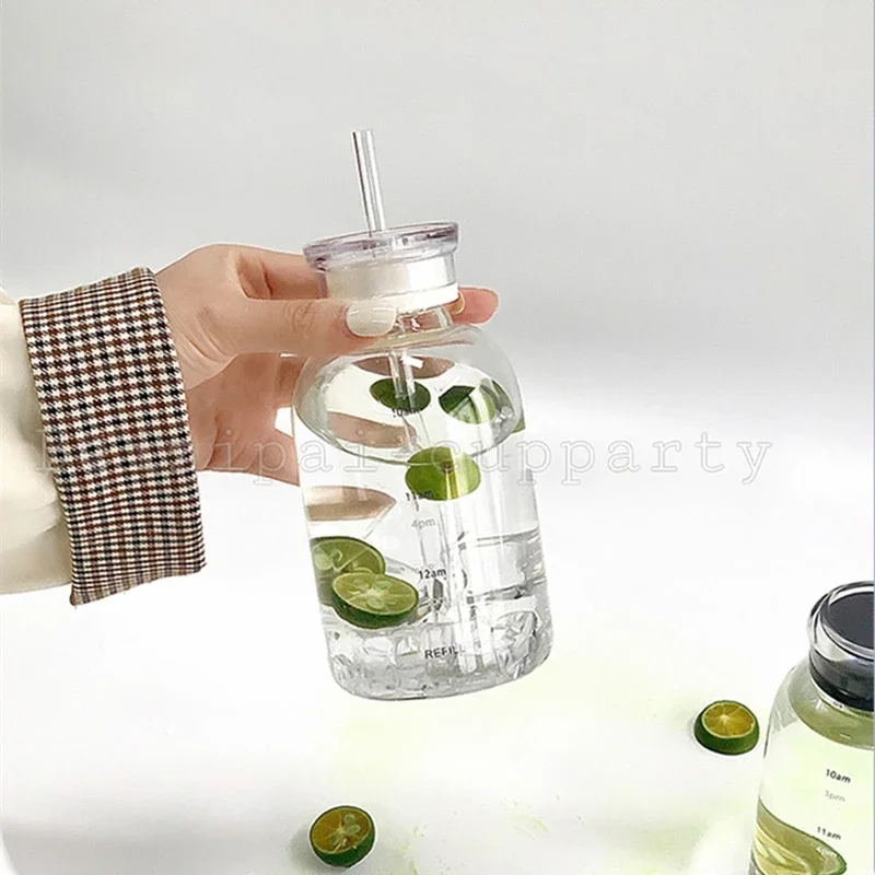 Ins Style Glass Water Bottle Time Scale Coffee Cup Double Cap Leak-proof Glasses with Lid and Straw Leather Cup Sleeve