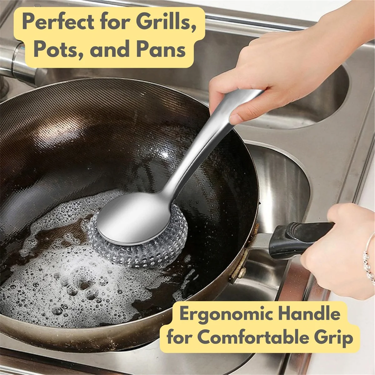 N38R_Steel Wollen Scrubber Afwasborstel met Handvat, Reinigingsscrubber Set,