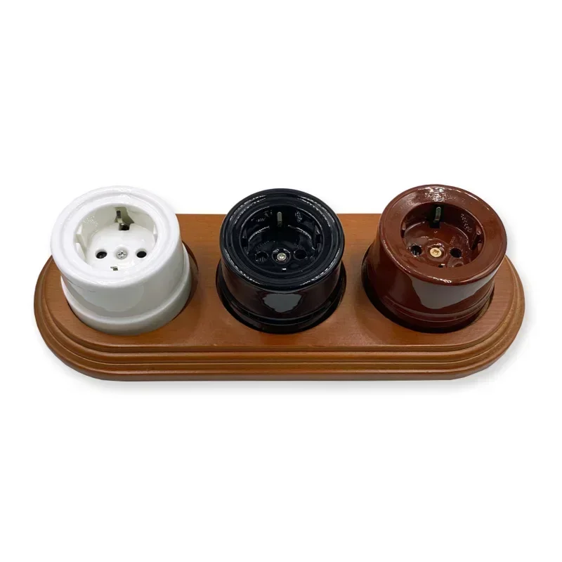 Home Improvement Retro Ceramic EU Electrical Wall Socket 1-3 Hole Wooden Base European Style Wall Outlet