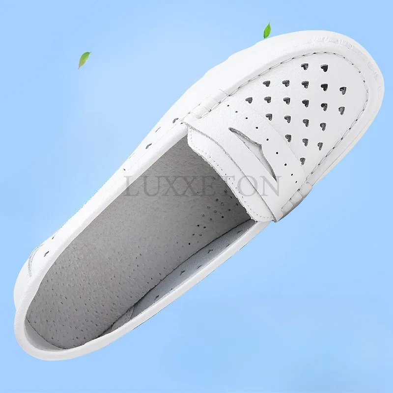 Genuine Leather Hollow Nurse Shoes with Soft Soles for Women Comfortable Breathable Non Slip Medical Work Small White Shoes