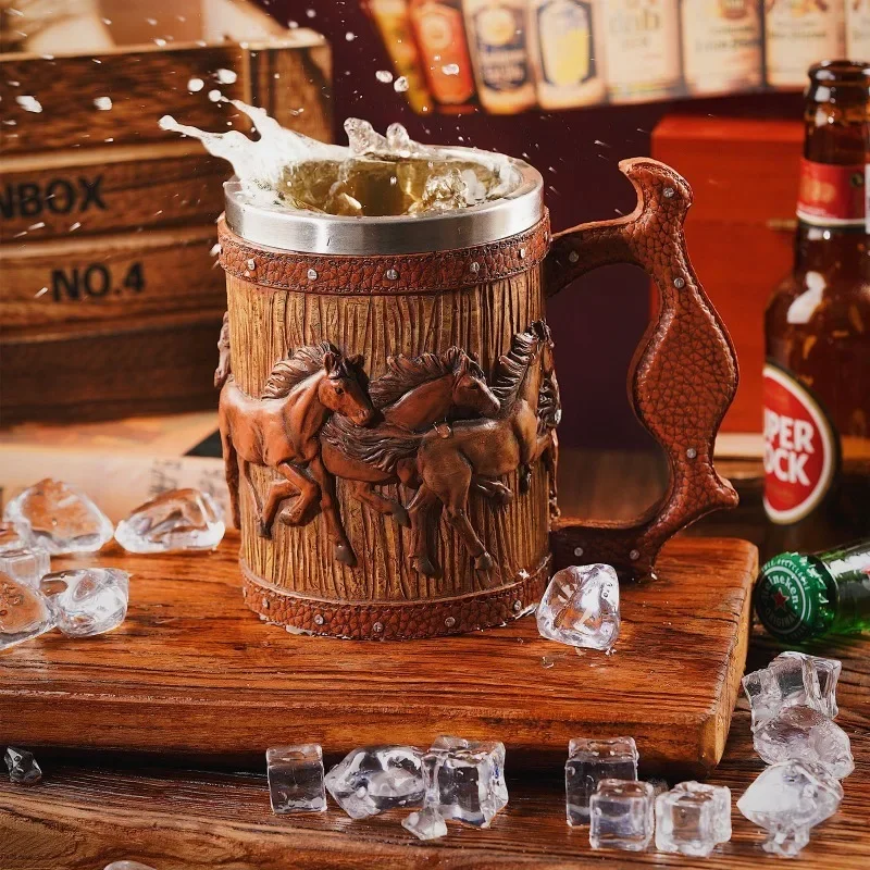 Imagem -04 - Handmade 3d Stainless Steel Beer Caneca Running Horses Simulação Tambor de Madeira Double Wall Cup Vintage Bar Acessórios