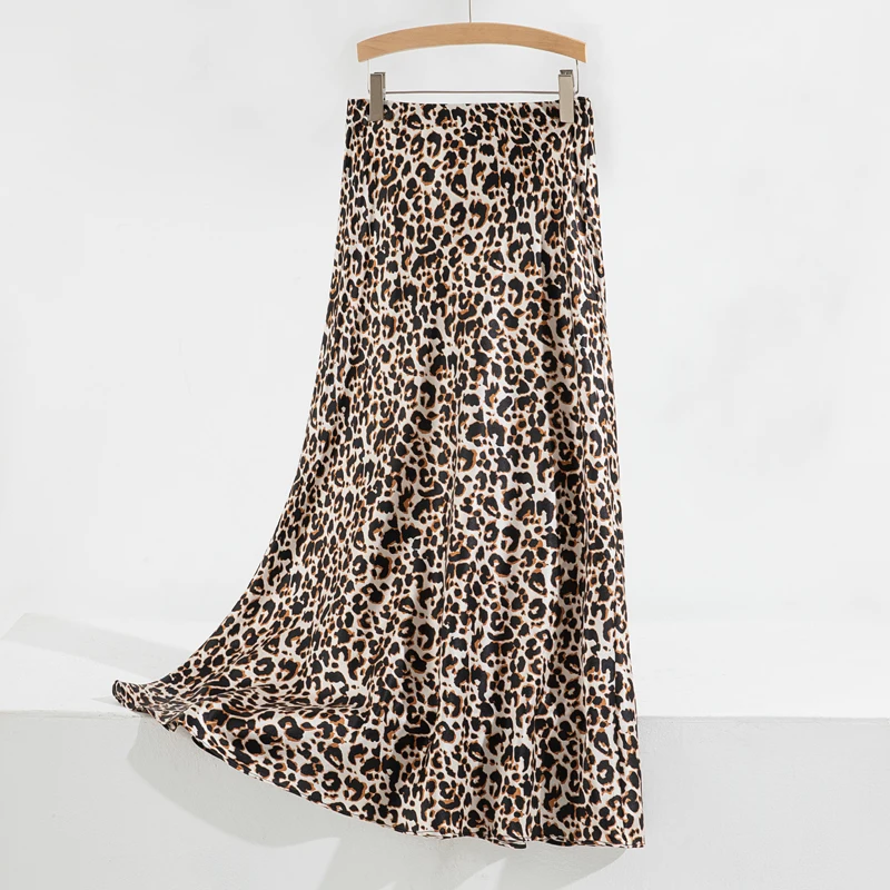 100% Mulberry Silk 22 Momme Charmeuse Silk Brown Leopards Fit Type Fishtail Style Women Skirt Summer FF053