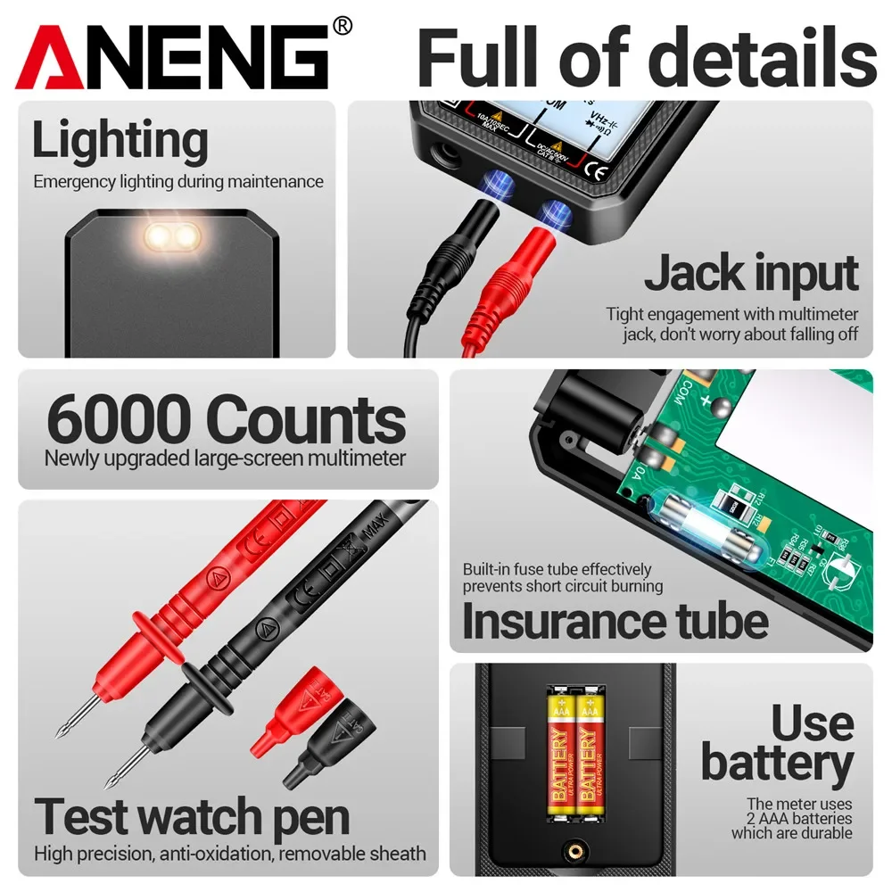 Multimeter Digital Cerdas 620A 6000 Counts True RMS Penguji Transistor Otomatis Pengukur Kapasitansi Listrik Alat Pengukur Suhu dan Resistansi