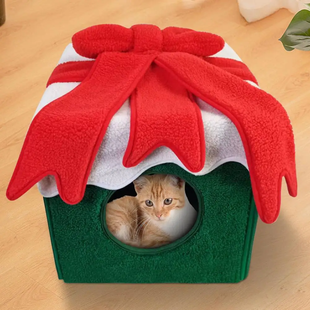 

Bow Cat Nest Non-slip Cat Tent Cozy Christmas Cat Bed Gift Box Design Plaid Tent Nest for Indoor Pets Warm Winter House Dogs