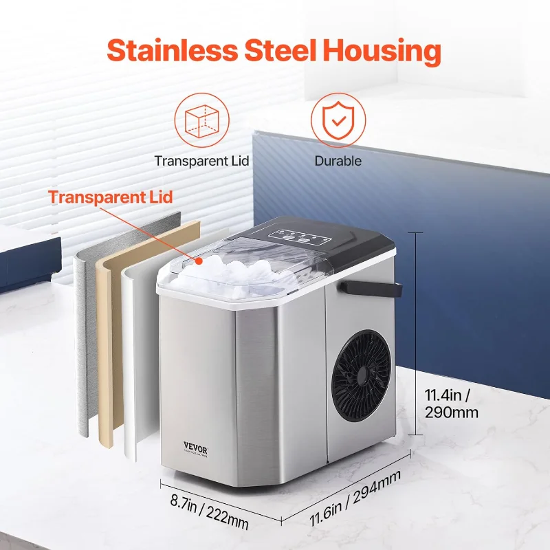 VEVOR Máquina de hielo para encimera, 9 cubos listos en 6 minutos, 26 libras en 24 horas, máquina de hielo portátil autolimpiante con cuchara para hielo