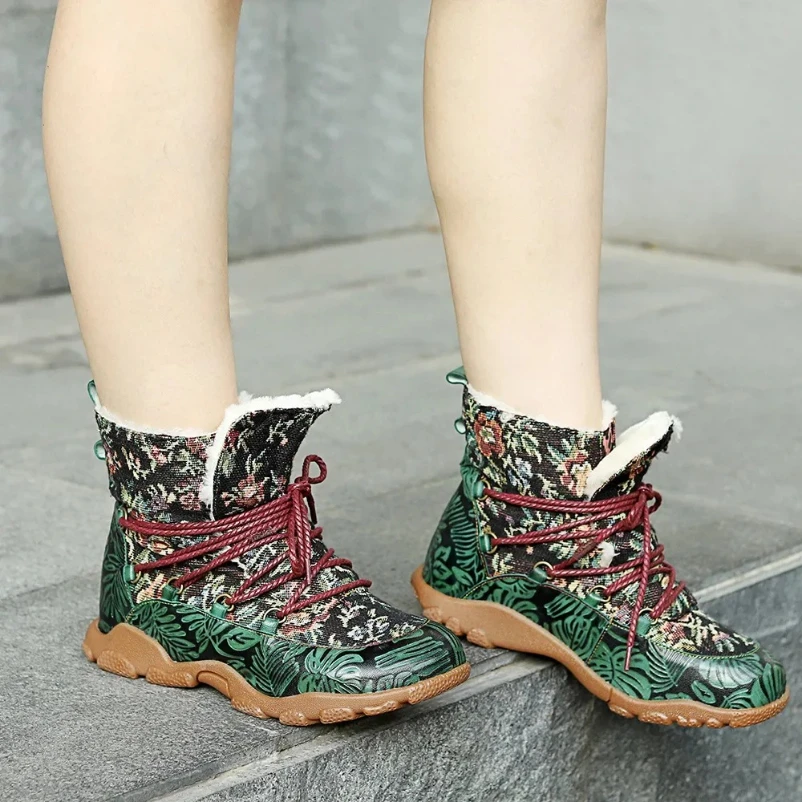 

2025 теплые зимние полусапожки ручной работы из натуральной кожи с принтом, удобные женские ботинки на плоской подошве в стиле ретро