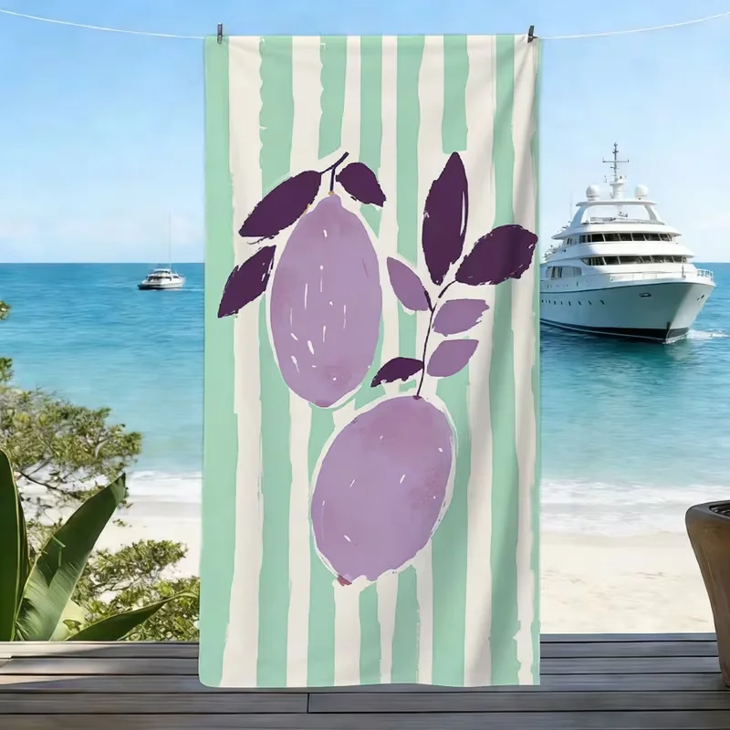 Pastel Purple Lemon Beach Towel Geometric Striped Print Quick Dry Sandproof Absorbent Towel for Summer Beach Travel Vacation