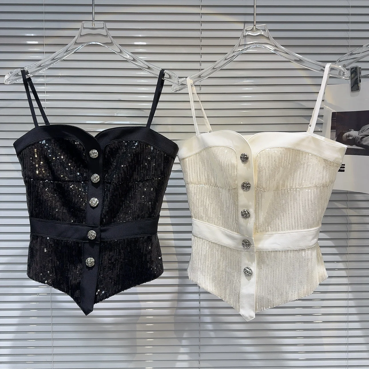 

Лето 2023, новинка Sle Small Fraance Sle, металлический синий бисер, тканевый жилет с поясом, высококачественный женский жилет