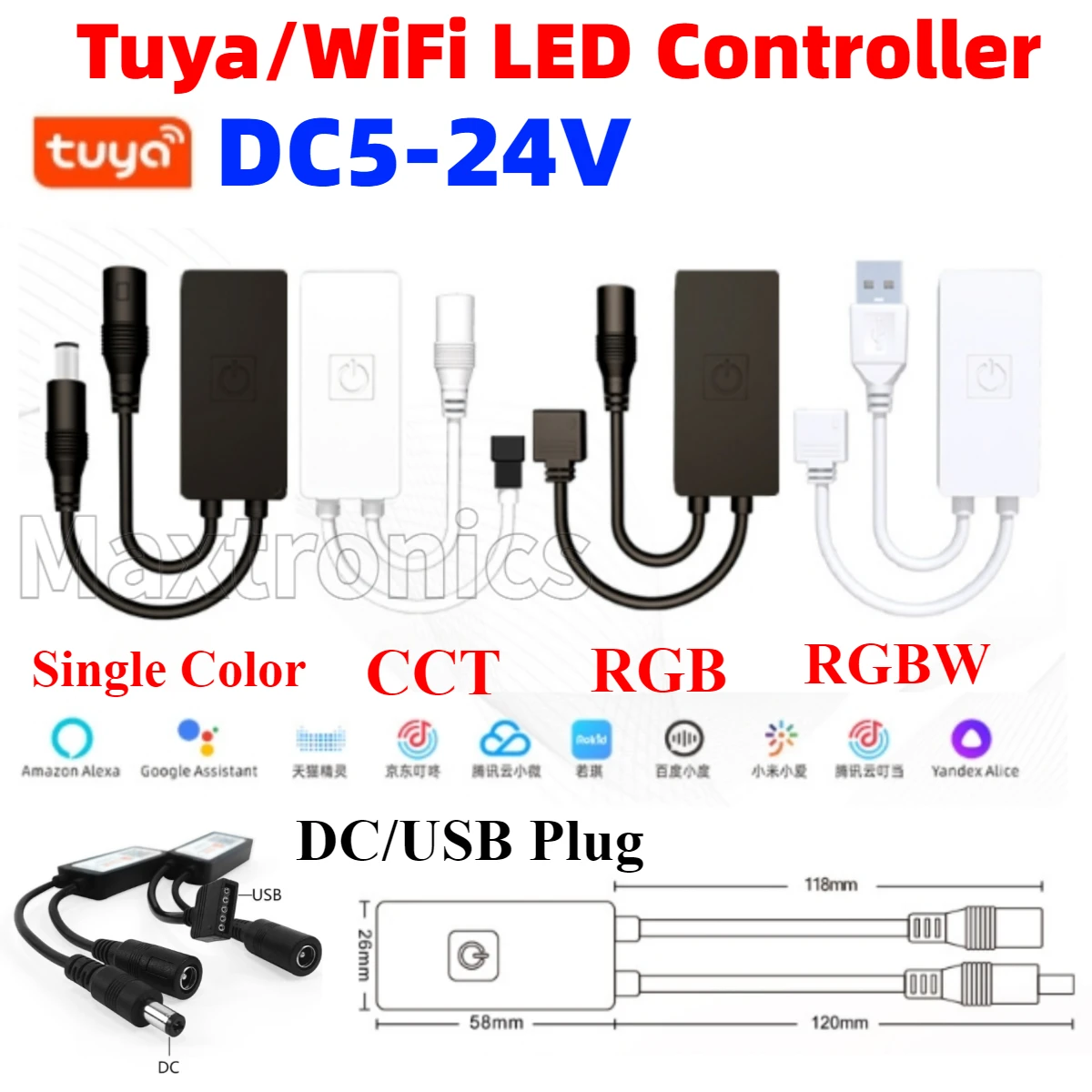 DC5-24V USB/DC Plug Tuya /WiFi LED Controller Timer Modes Smart Life App For Single Color RGB CCT RGBW 2835 5050 LED Strip Light
