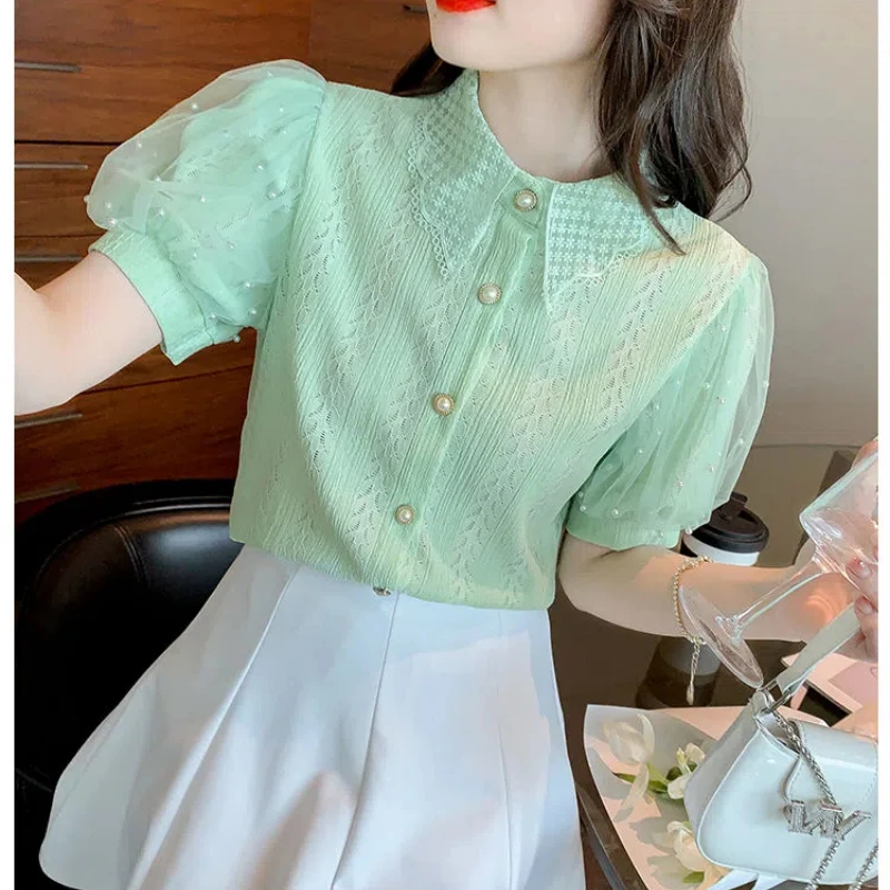 Fashion Korean Pearl Puff Sleeve Blouse Sweet Cute Peter Pan Collar Summer New Chiffon Shirts Top Fashion Elegant Womens Clothes