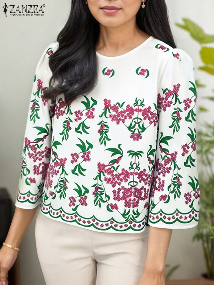 

ZANZEA Women Vintage Blouses Fashion 3/4 Sleeve Floral Print Casual Tunic Tops Loose Summer Shirts 2025 Oversized Blusas Femme