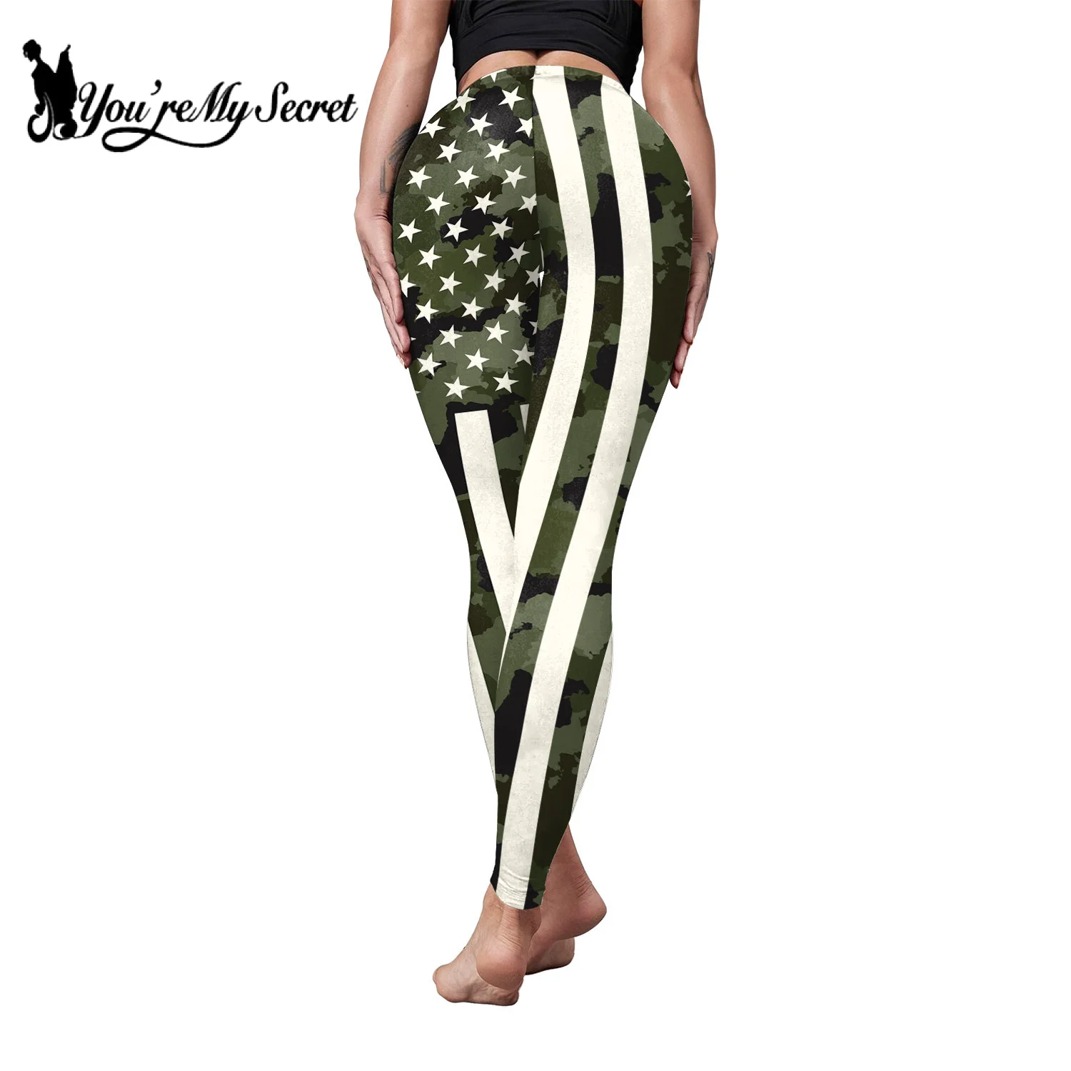 [You\'re My Secret] Women Pants Gym Camouflage flag Stripes Printed Stretchy High Waist Athletic Exercise Fitness Leggings