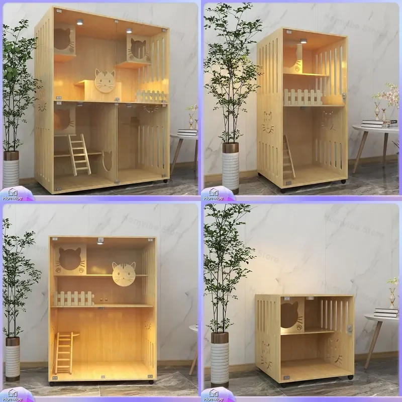 Luxury Solid Wood Cat Villa Indoor Multi Level Cat House Large Cage Nest Furniture Upper Lower Bunk Second Floor Cabinet for