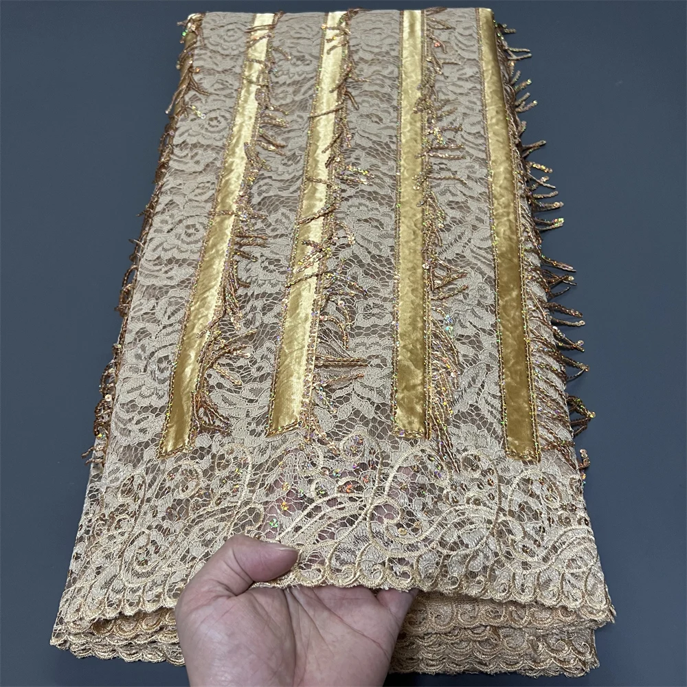 

African Nigerian 2025 High-Quality Sequins Embroidery Tulle Lace Fabric Dresses Sewing Beads Stone for Prom 5Yards PS0081