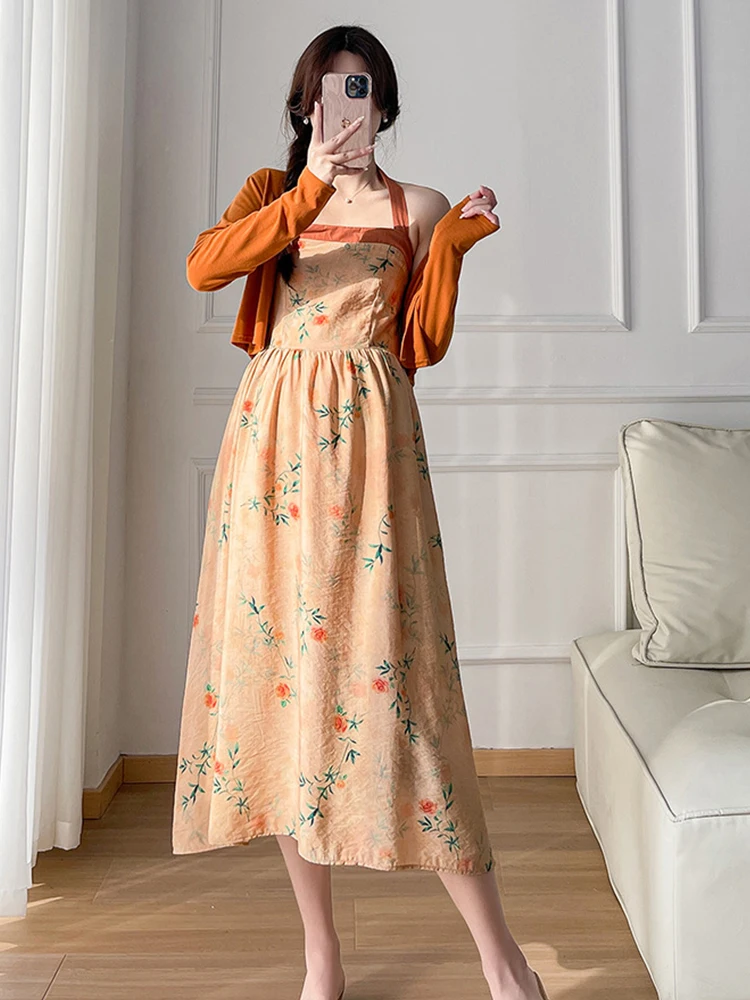 Maternity Clothes Pregnancy Women Fashionable Orange Cardigan+ Floral Slip Dress Suit Maternity Comfortable Dresses Photoshoot