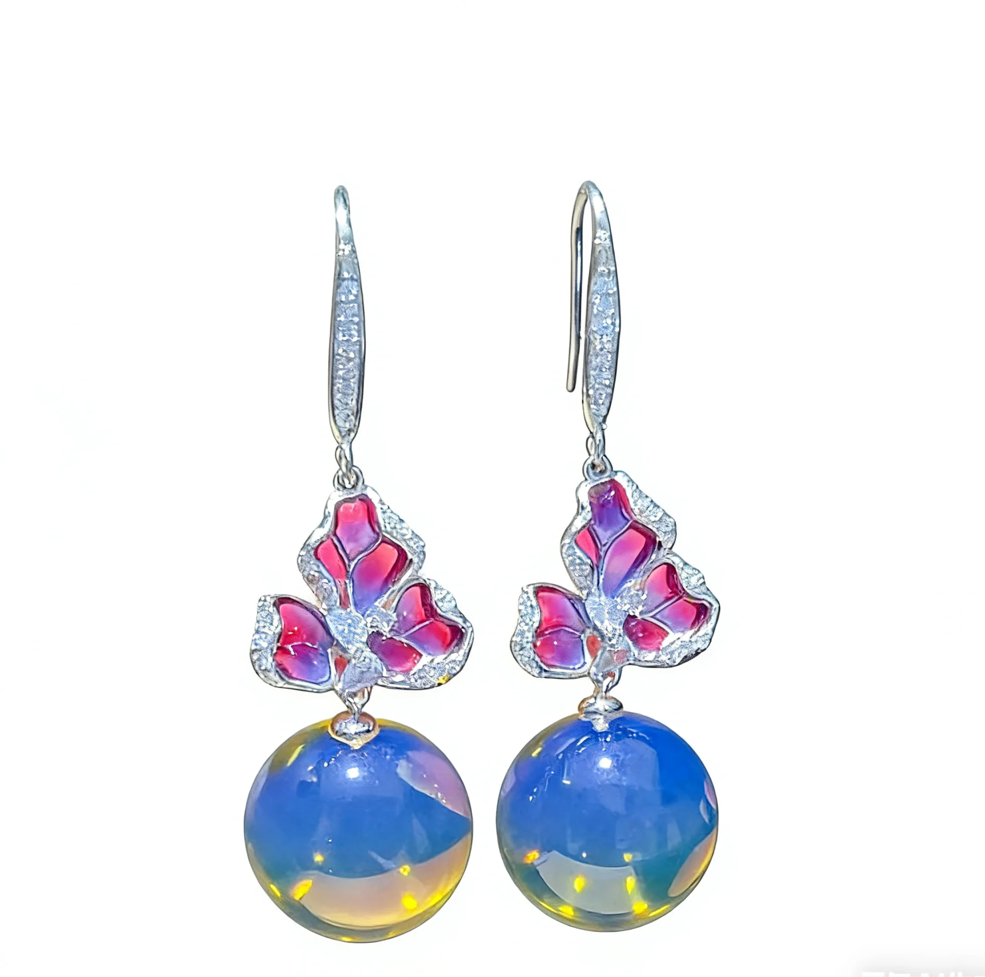 

925 Sterling Silver Natural Dominican Blue Amber 15mm Butterfly Drop Earrings Diamond Hook Romantic Elegant JewelryforWomen Gift