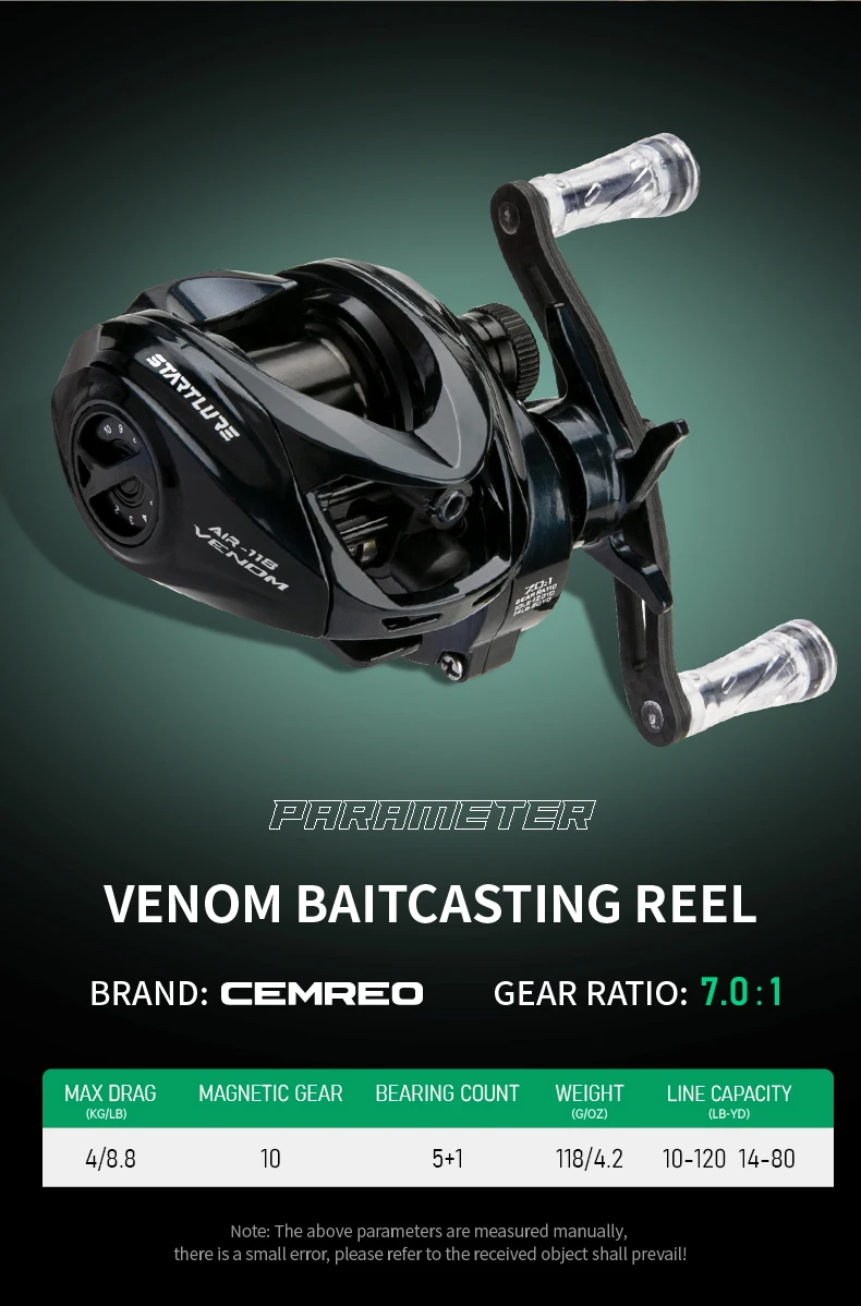 Baitcasting-Angelrolle Leichtgewichtiger Kohlefaser-Rahmen 7,0:1 Übersetzungsverhältnis 4kg Bremskraft Flache Spule Kleinfisch-Angeln VENOM – Detail 9