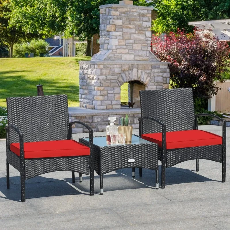 3 Pieces Patio Wicker Rattan Furniture Set, Rattan Chair with Coffee Table, High Load Bearing Chair Conversation Sets for Patio