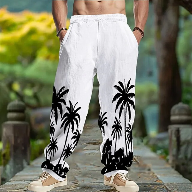 Hawaiian-Style Beach Coconut Tree Print Mens Pants Casual Loose-Fitting Breathable Straight-Leg Pants with Drawstring Plus Sizes